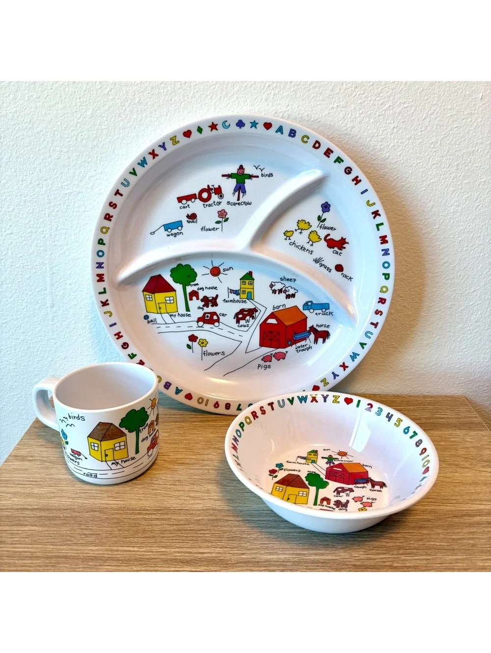 Vintage 1987 Anacapa Melamine Farm Children’s Dish Set Divided Plate, Bowl & Cup